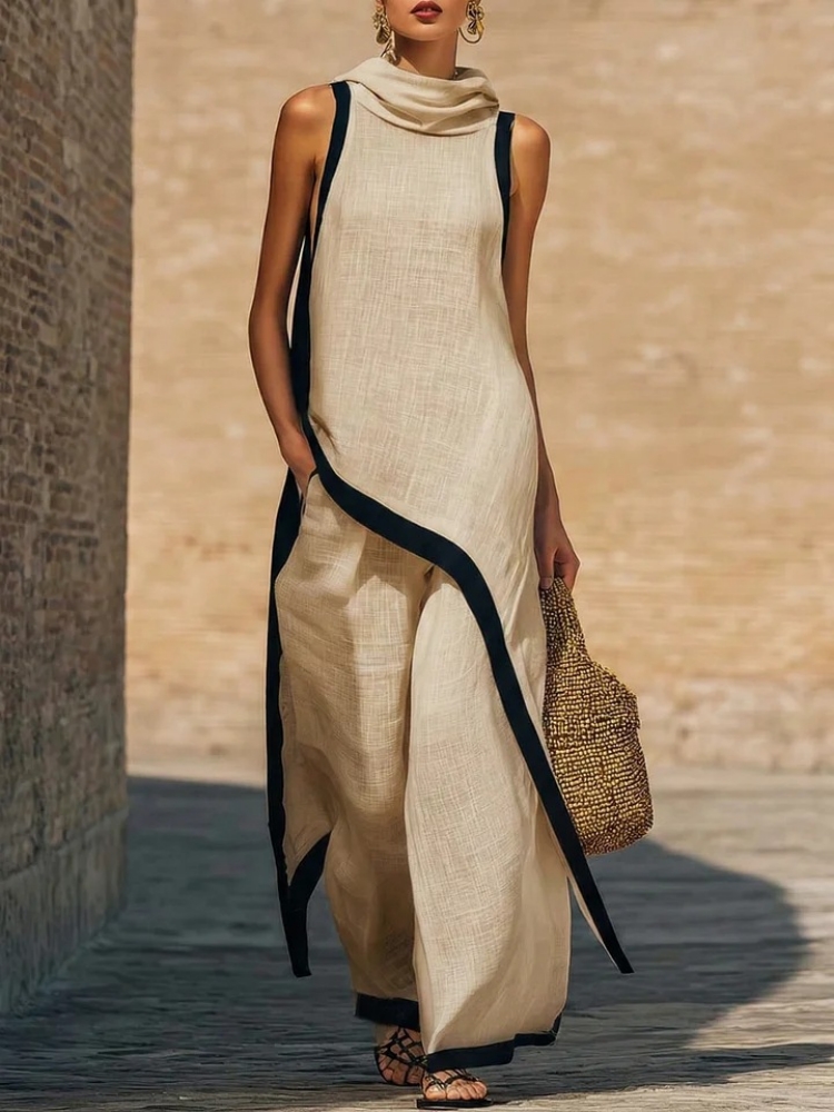 Linen Pant Wide - Женский льняной комплект: асимметричный топ без
