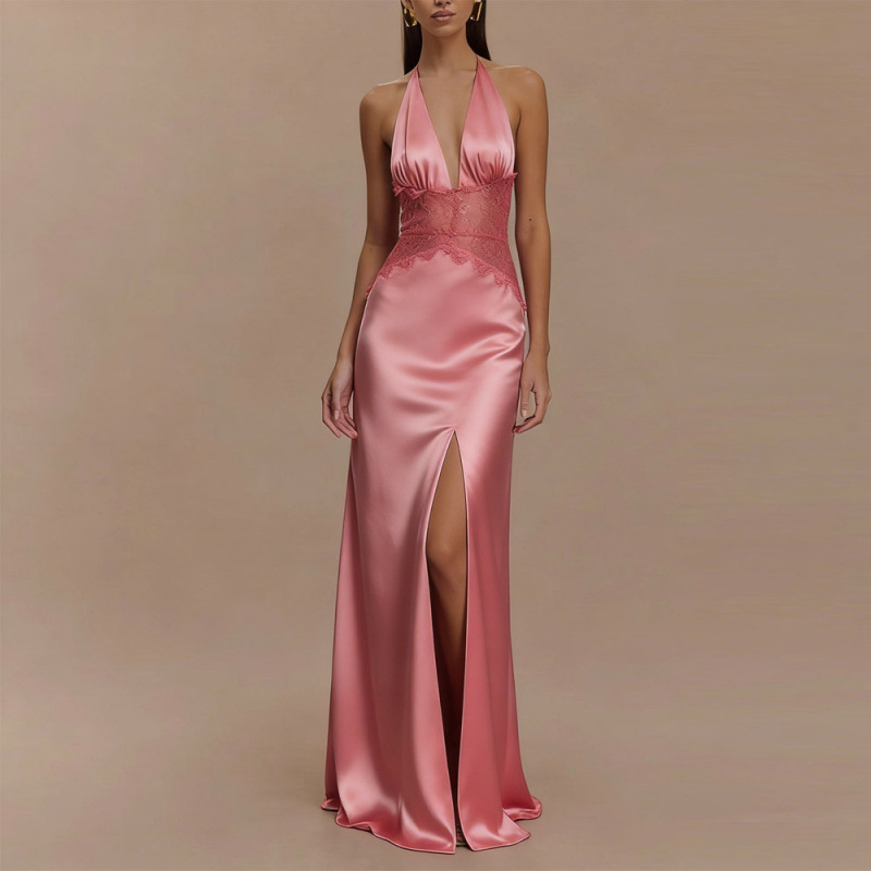Maxi Dress Halter - Сексуальное розовое атласное кружевное платье макси